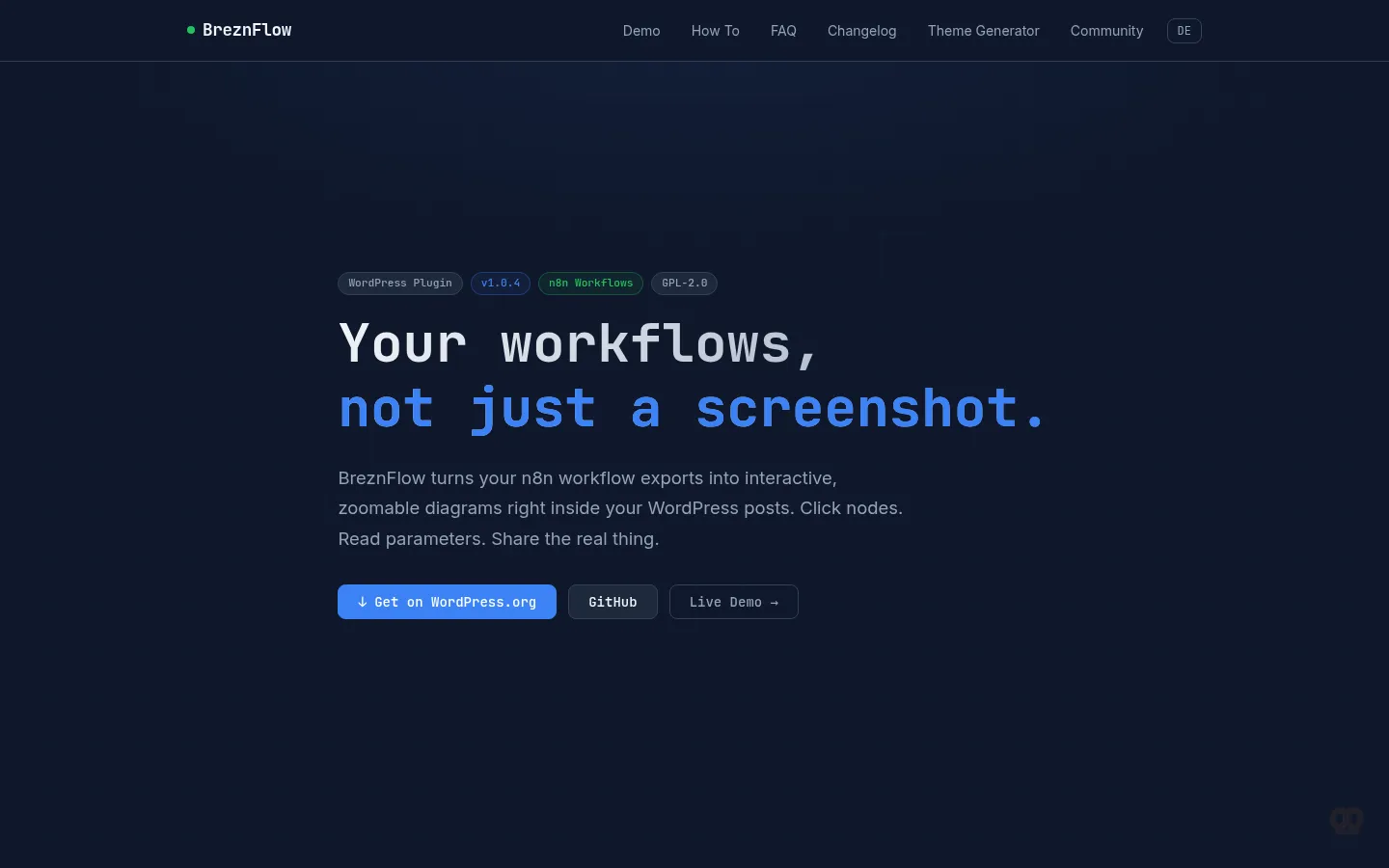 BreznFlow — n8n workflow visualization plugin, homepage screenshot