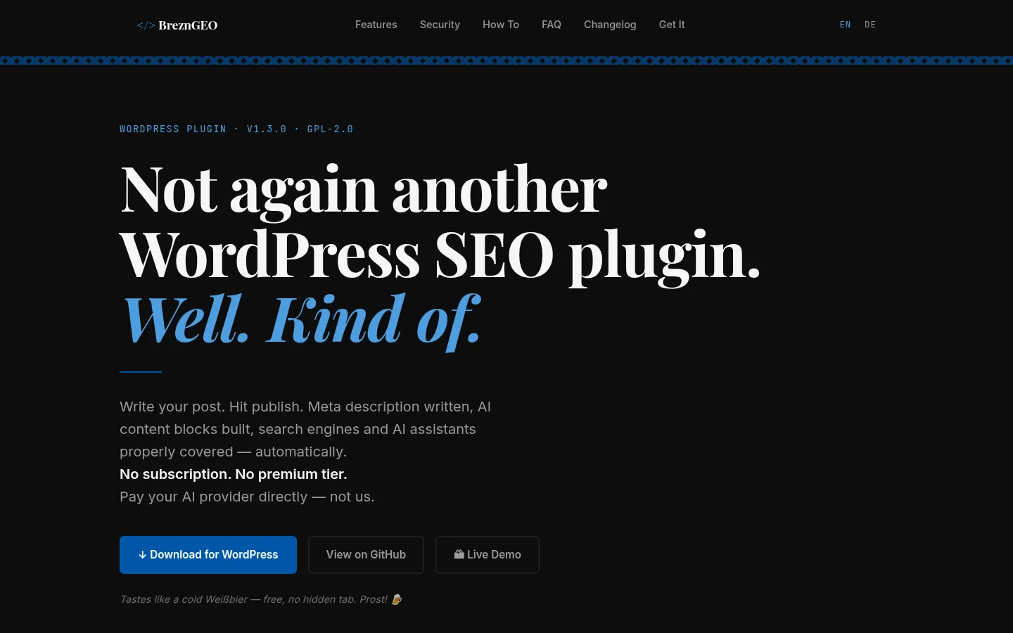BreznGEO — WordPress SEO and AI plugin, homepage screenshot