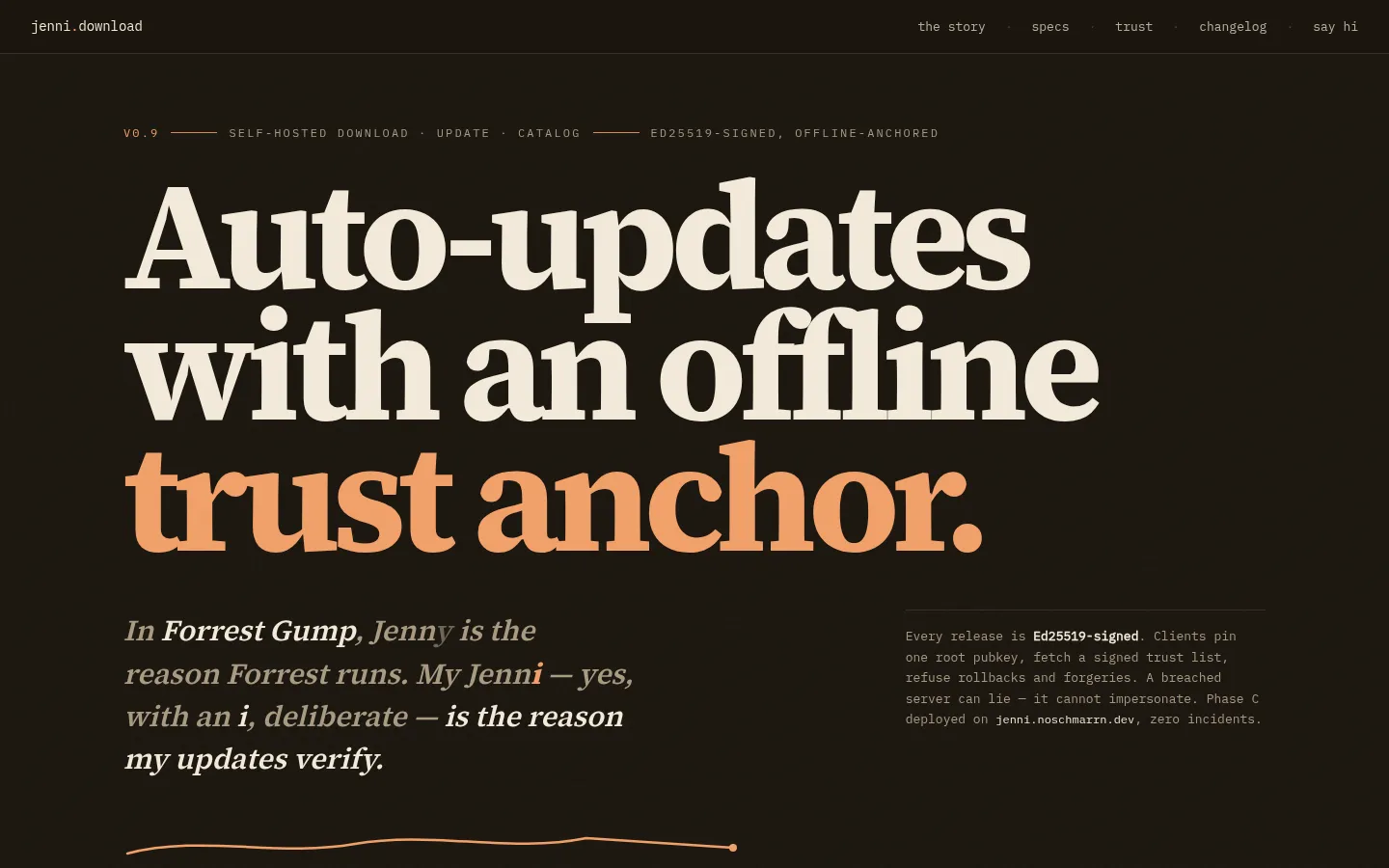 jenni.download — self-hosted release and update server, homepage screenshot