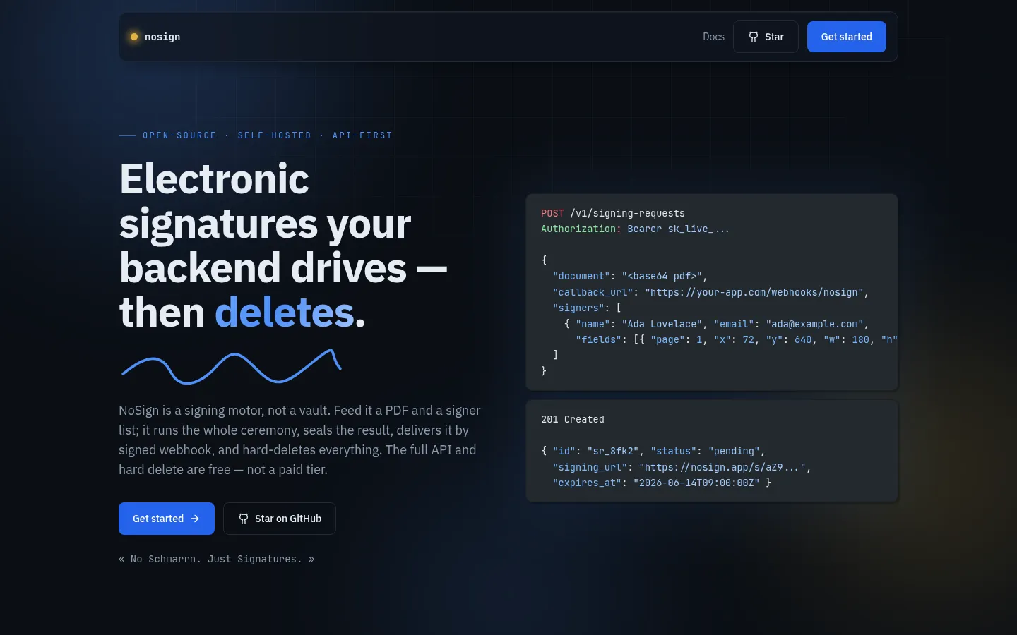 NoSign — self-hosted e-signature engine, homepage screenshot