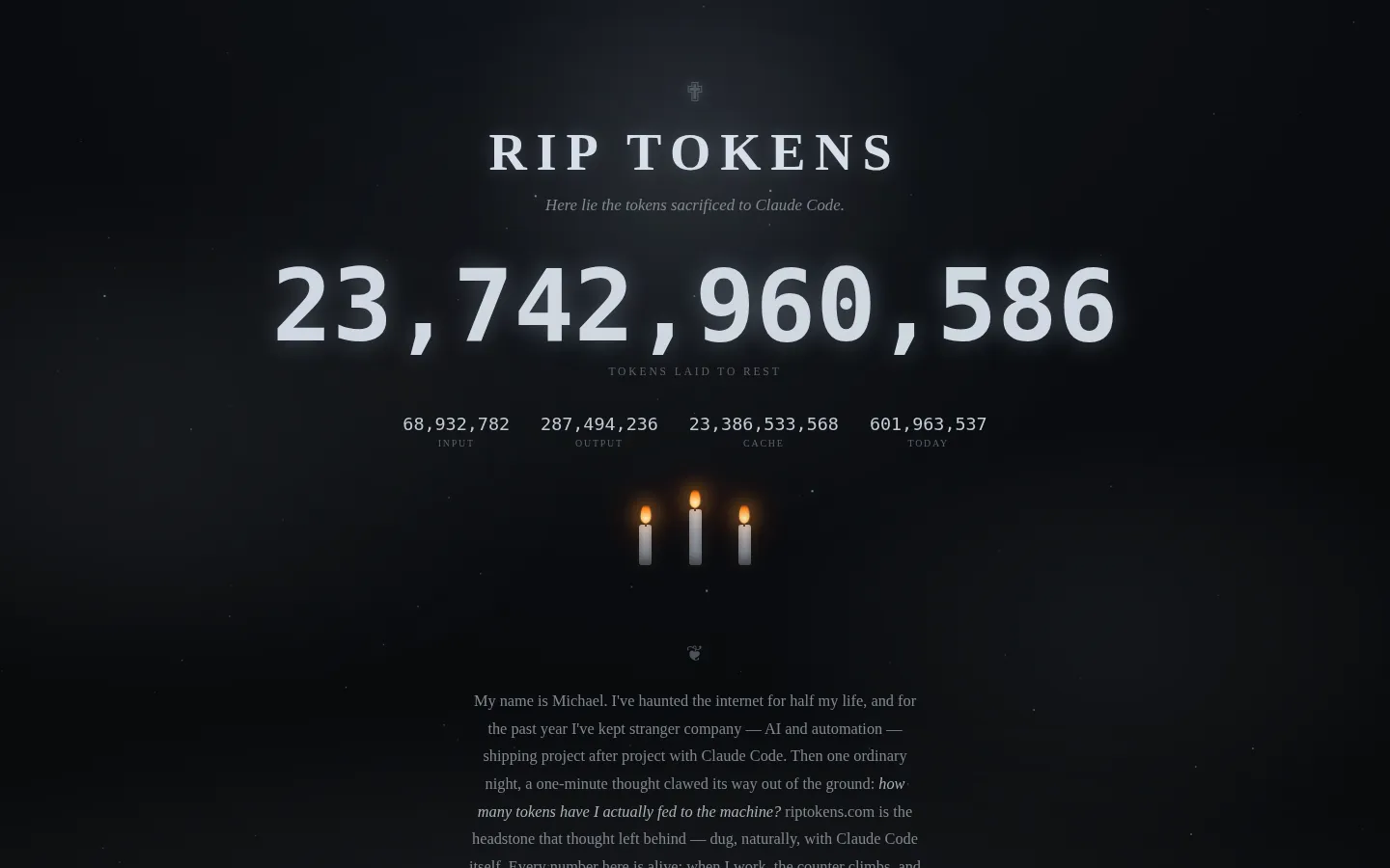 riptokens.com — a live graveyard counting every Claude Code token burned, homepage screenshot