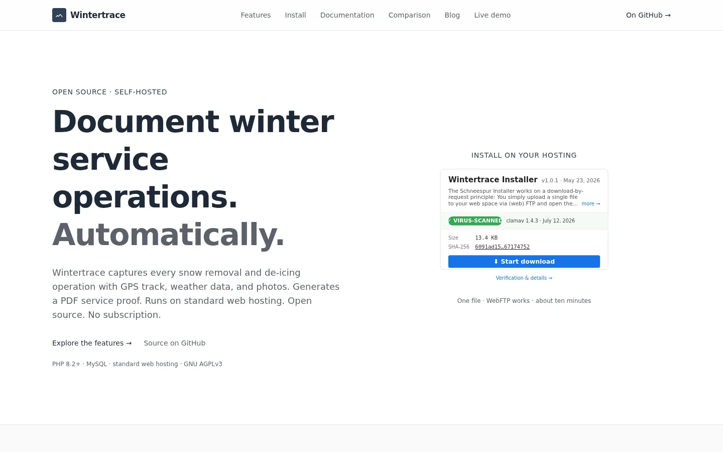 Wintertrace — self-hosted winter maintenance documentation, homepage screenshot